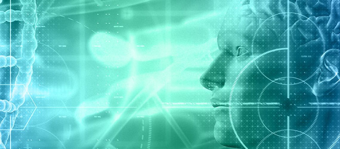 3D medical background with a male figure with brain and DNA strands